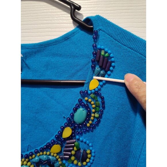 Ruby‎ Rd Top Women 2X Petite Blue Embellished Beaded Sweater Bohemian Stretch - Picture 3 of 10